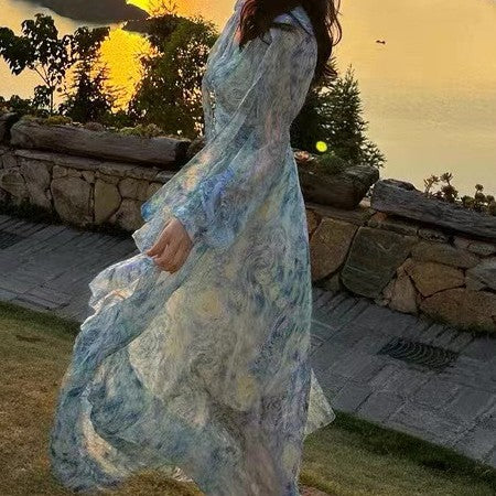 Blue With Long Sleeves Van Gogh Starry Sky Printed Dress - Azure Art Shop