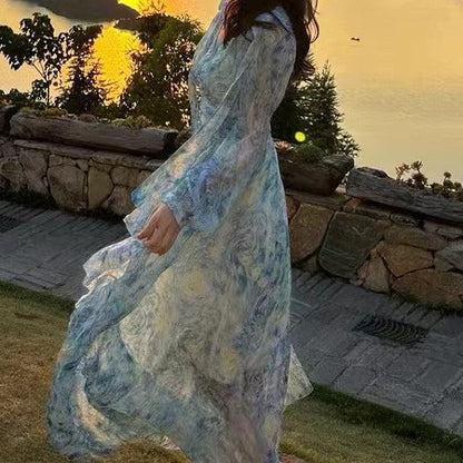 Blue With Long Sleeves Van Gogh Starry Sky Printed Dress - Azure Art Shop